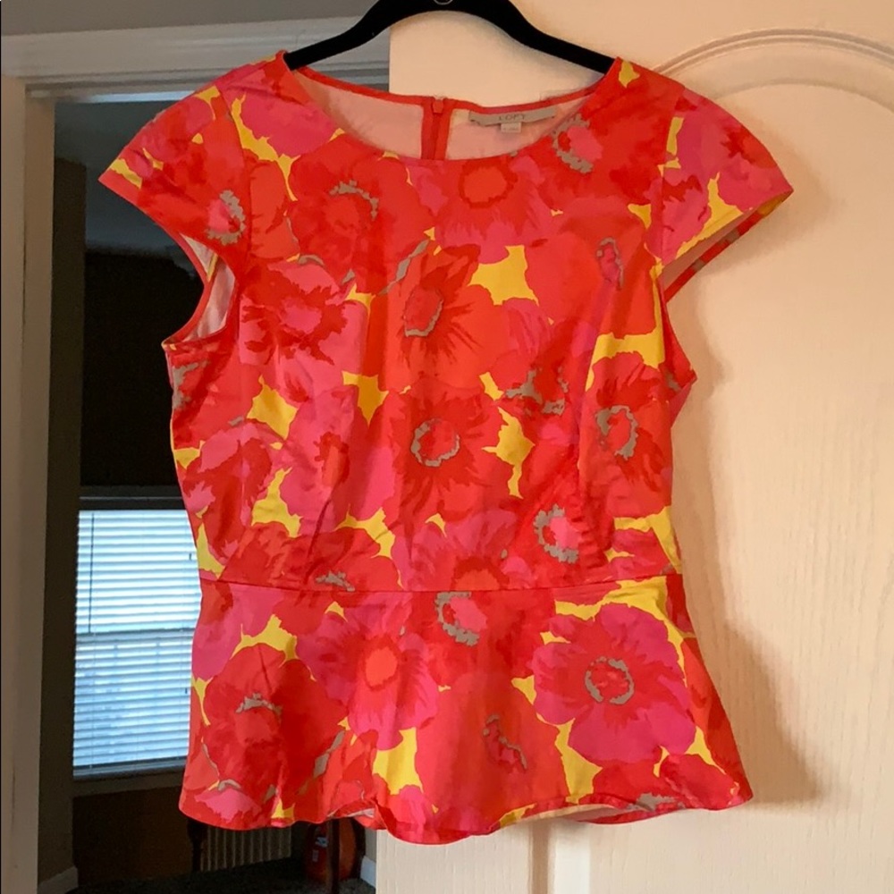 Loft Bright Pink and Yellow Peplum Top